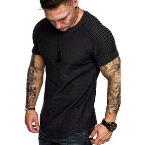 Men Black Muscle TShirt Pleated Raglan Sleeve Hipster Gym Tee Short Sleeve Shirt